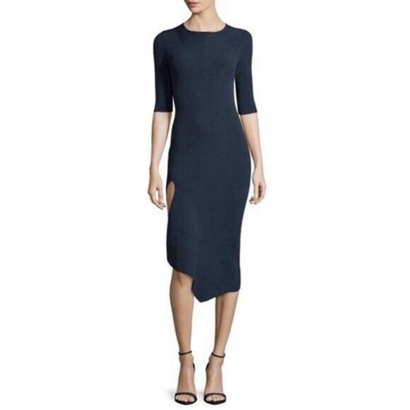 Cushnie Et Ochs Ribbed Knit‎ Asymmetric Midi Dress Half Sleeve Lake Blue M - Picture 1 of 7
